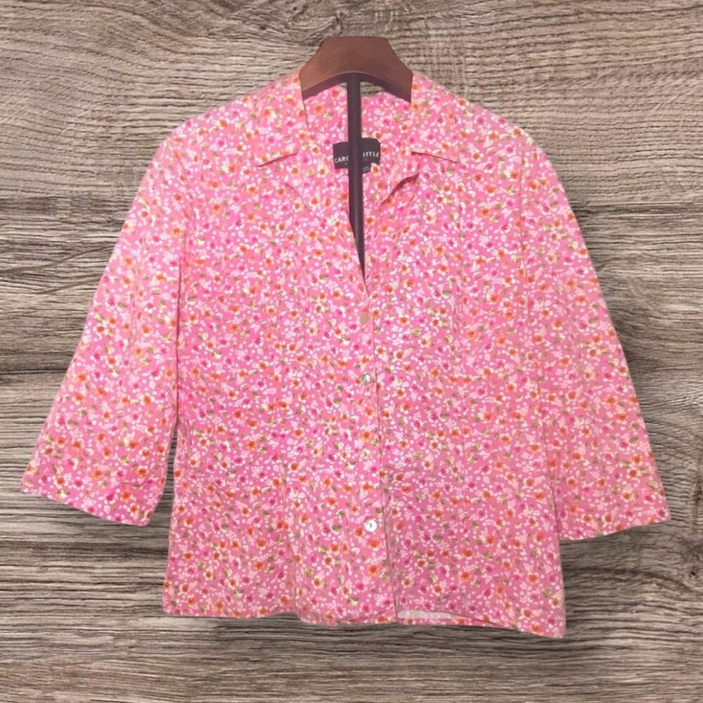 Vtg Carole Little Pink Hawaiian Floral Button-Up Shirt Size 16 Cottagecore Fairy
